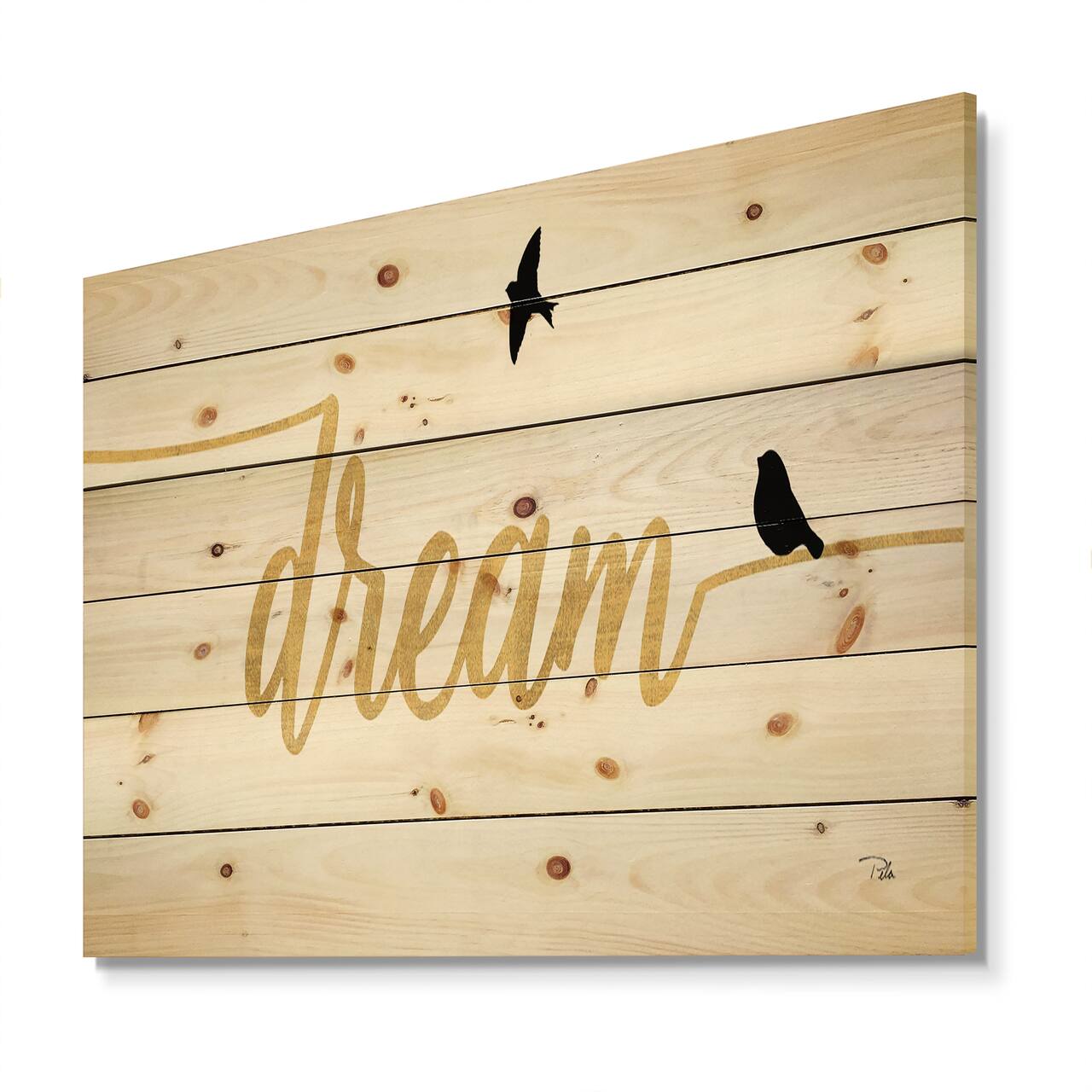 Designart - Family of Birds on Gold Words II - Cottage Print on Natural Pine Wood